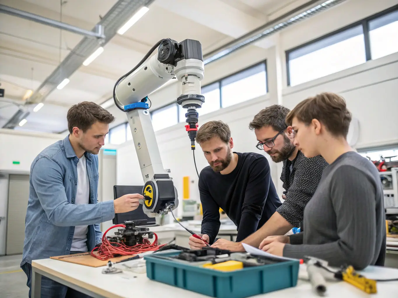 Ein Team von Ingenieuren und Sicherheitsexperten arbeitet gemeinsam an einem innovativen technischen Gerät. Im Vordergrund stehen moderne Technologien und Sicherheitslösungen, die für Fortschritt und Schutz sorgen.