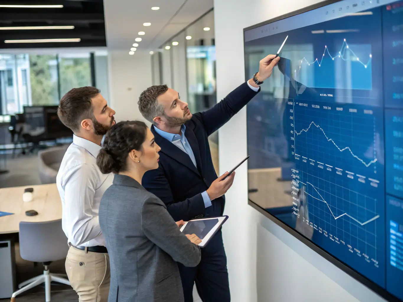 Ein Berater erklärt einem kleinen Unternehmerteam ein übersichtliches Reporting-Dashboard auf einem großen Bildschirm. Die Atmosphäre ist offen und vertrauensvoll, Transparenz und Unterstützung stehen im Mittelpunkt.