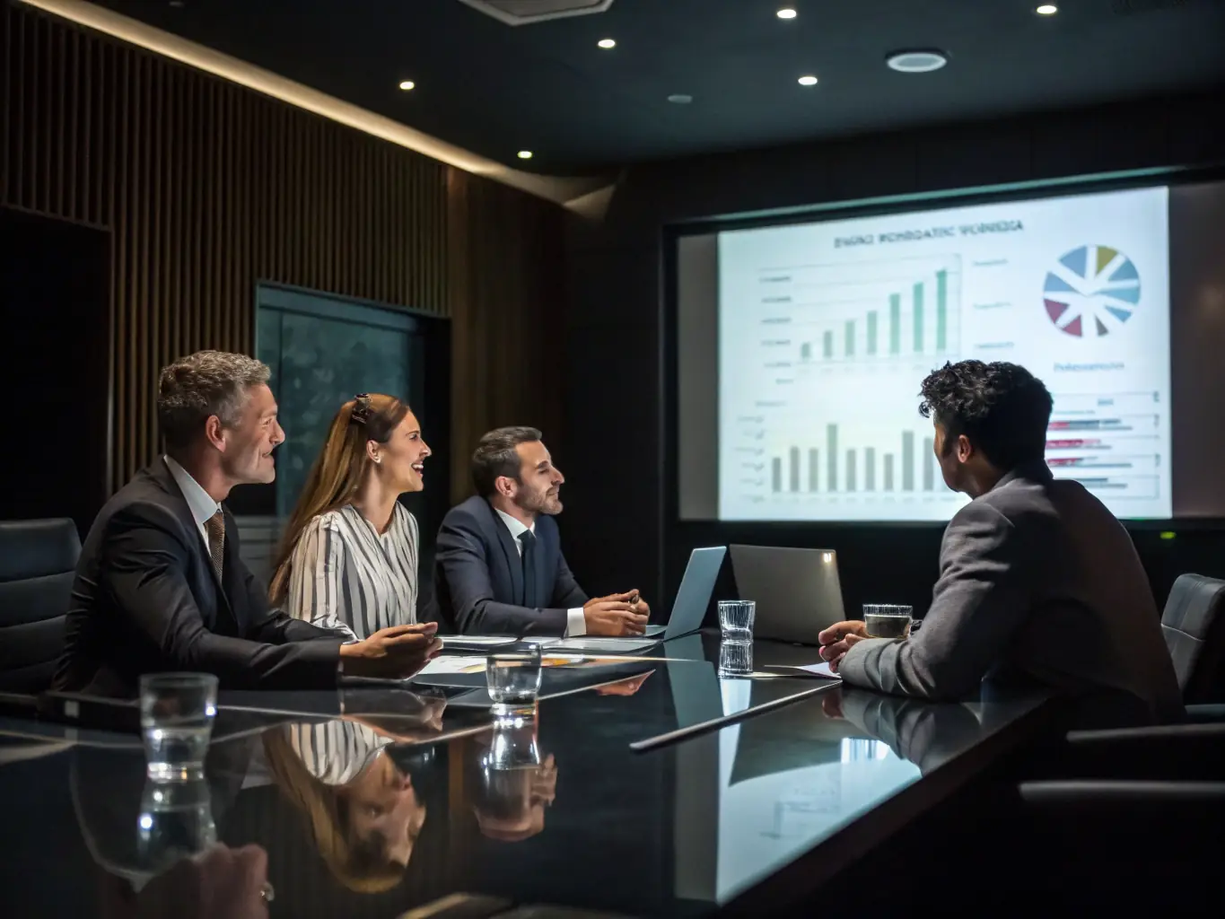 Ein modernes, helles Büro mit mehreren Geschäftsleuten, die an einem großen Tisch eine Strategiepräsentation verfolgen. Im Hintergrund sind technische Diagramme und Sicherheitsgrafiken zu sehen. Die Szene vermittelt Professionalität und partnerschaftliche Zusammenarbeit.